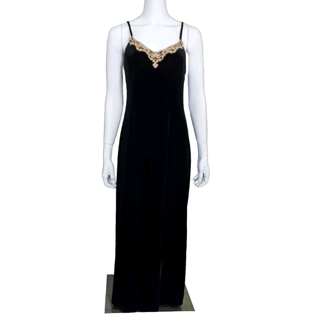Delicates Womens S Black Velvet Slip Maxi Gold Embroidered Neckline Goth Sexy